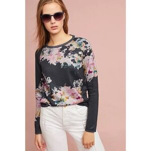 Maeve Anthropologie Ramya Floral  Long Sleeve Pullover Top Charcoal Grey XL